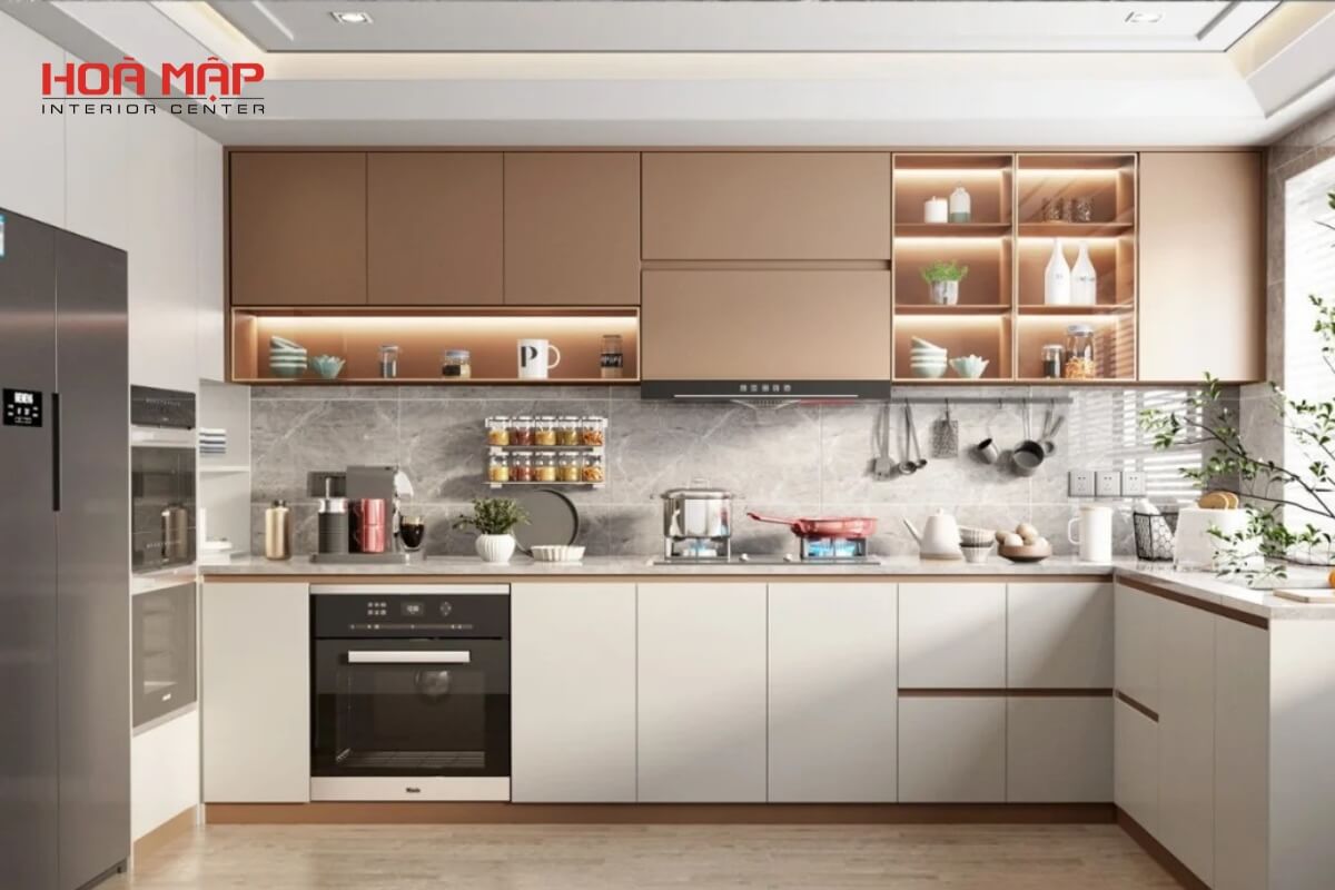 Tủ bếp hòa mập với cánh laminate vân gỗ sang trọng, bền bỉ