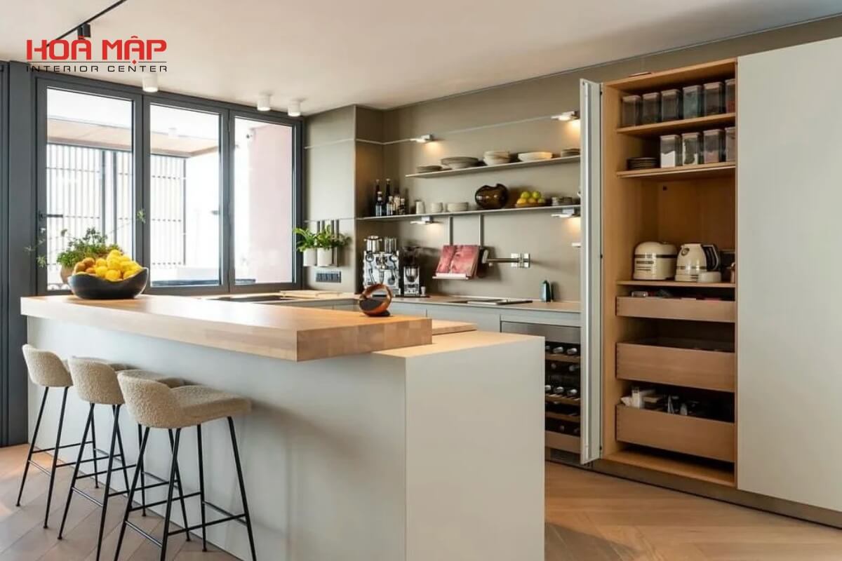 Cận cảnh cánh tủ melamine đa dạng màu sắc trong bộ sưu tập tủ bếp Hòa Mập