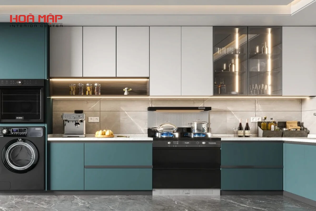 Thiết kế tủ bếp nhựa đặc cao cấp Hòa Mập kết hợp cánh acrylic trẻ trung